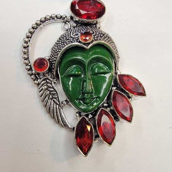 Sterling Silver Pendant with Green Carved Face and Red Garnet Accents - Picture 10 of 10